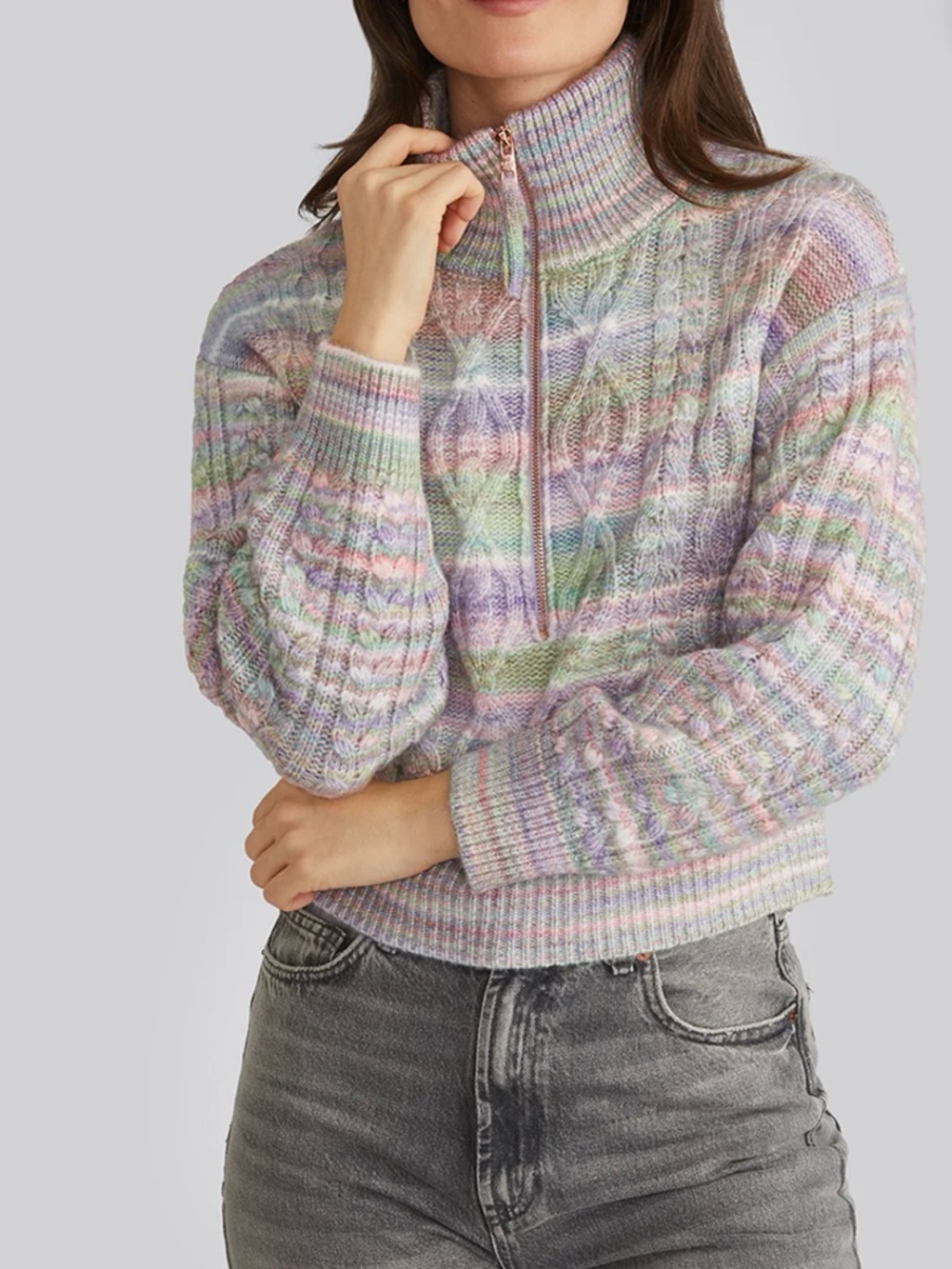 525 American Jackie Spacedye Zip Front Cable Knit